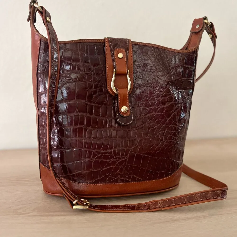 VTG 70s Saks Fifth Avenue Made in Italy Croc Embossed Leather Medium Bucket Bag